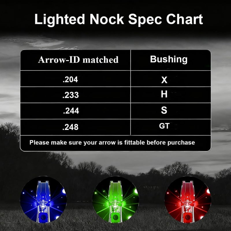 LightingU NoxDyn 12pcs X Lighted Nocks for Arrows with .205'' .232'' .244'' .248'' Inside Diameter with H, S, GT Bushings, High-Visibility Light Up Nocks with ON/Off Switch for Archery - Image 5